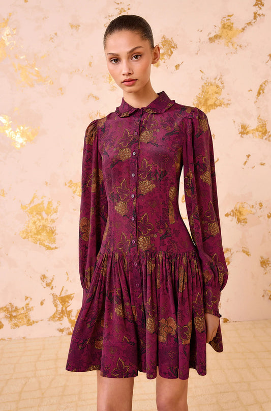 Simona Silk Long Sleeve Mini Dress in Peony