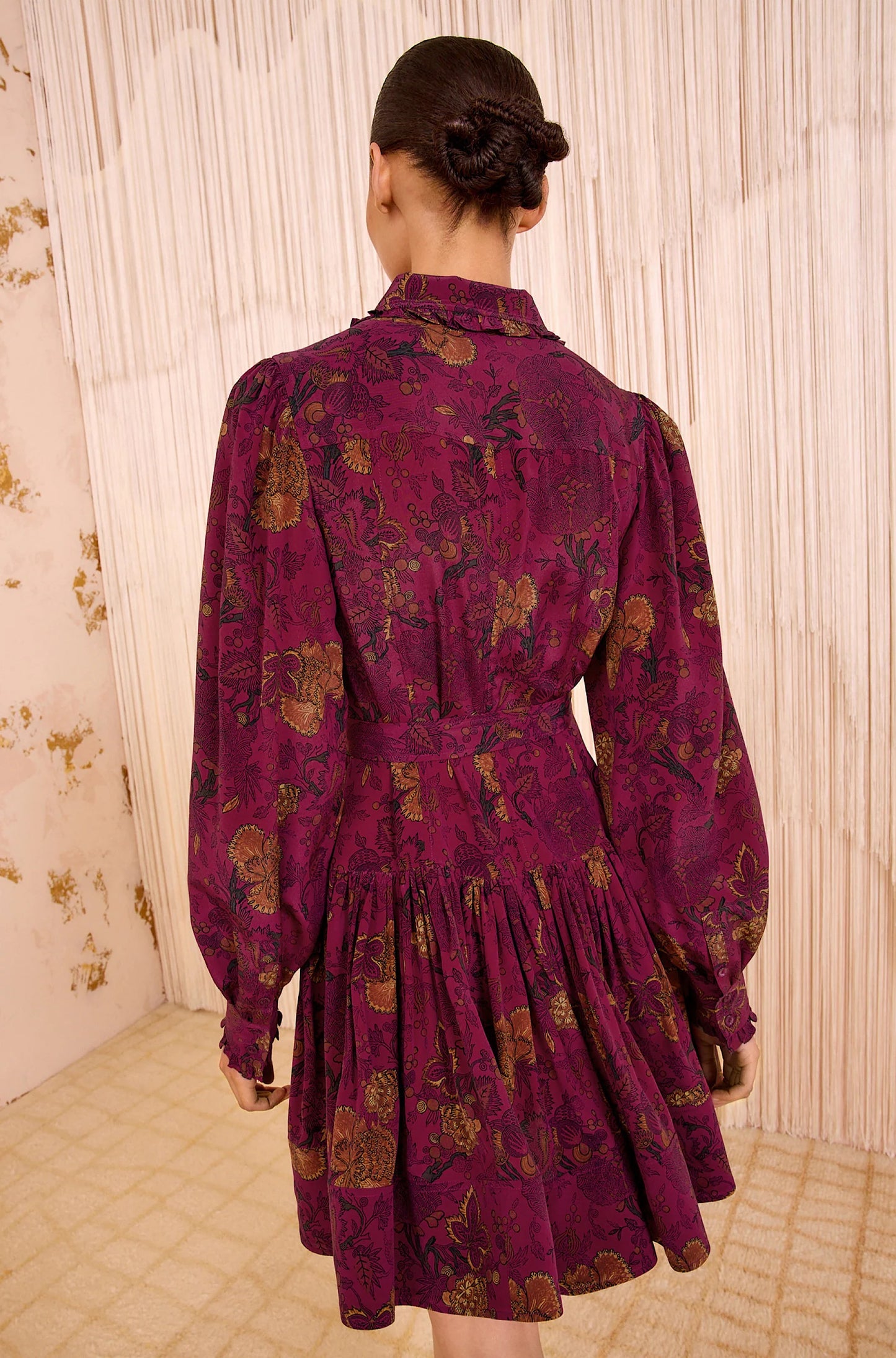 Simona Silk Long Sleeve Mini Dress in Peony