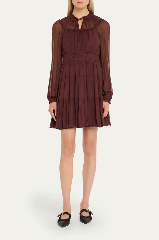 Ava Silk Tiered Long-Sleeve Minidress in Mahogany