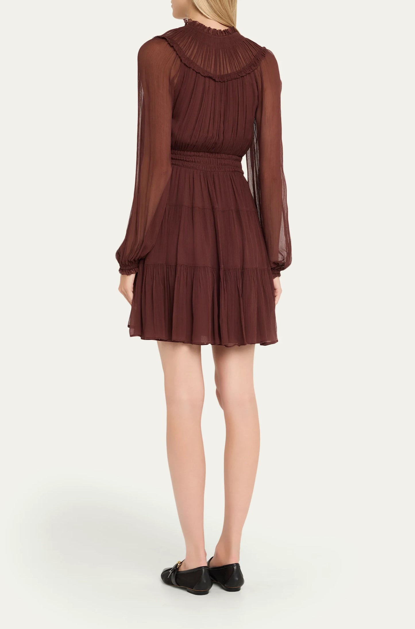 Ava Silk Tiered Long-Sleeve Minidress in Mahogany
