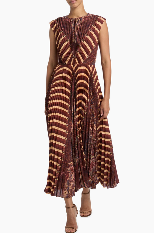 Violeta Printed Pleated Sleeveless Midi-Dress