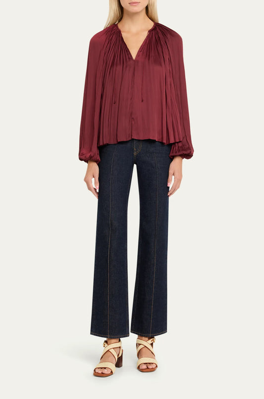 Electra Pleated Satin Peasant Blouse in Claret