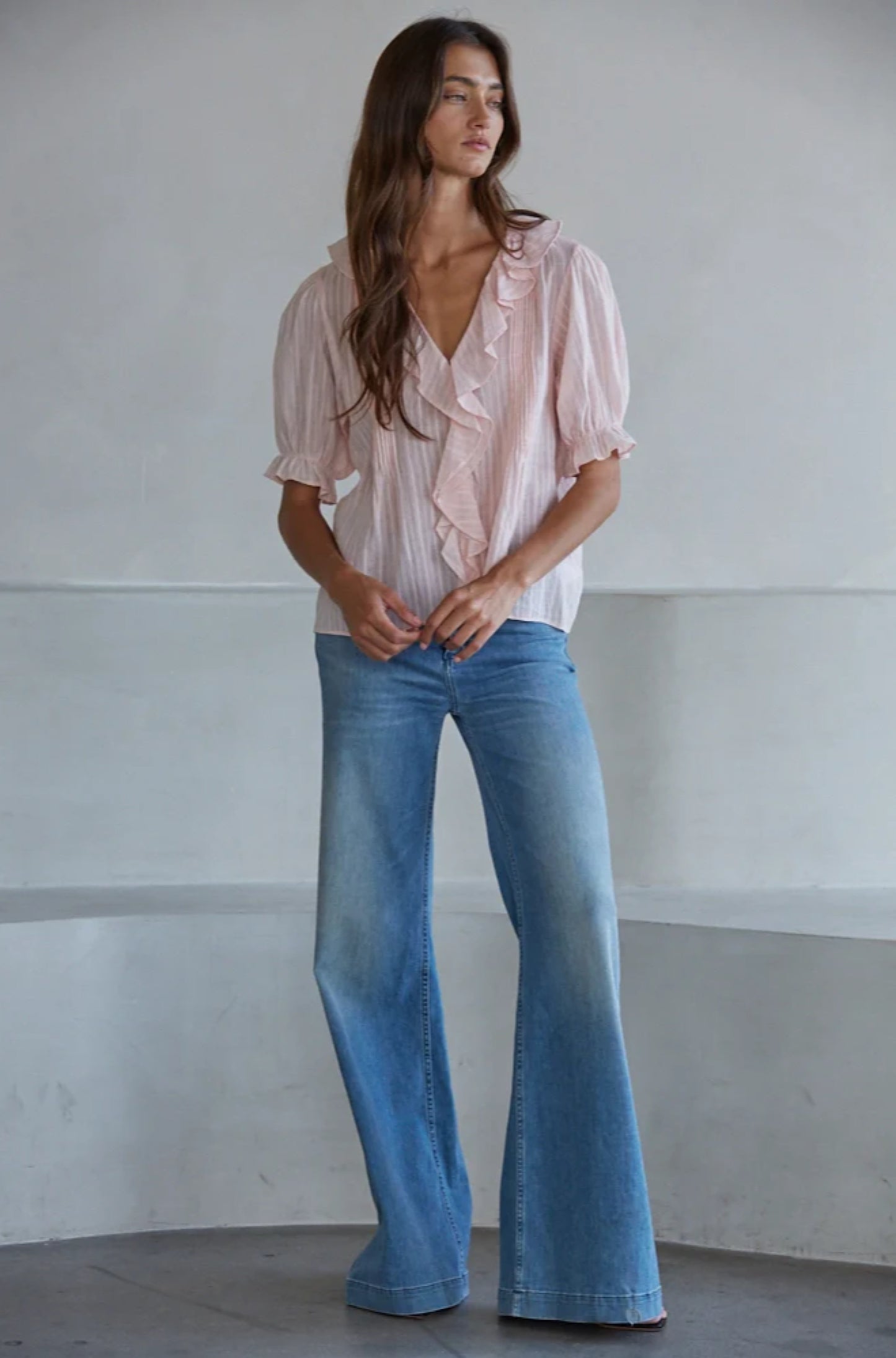 Woven Cotton Button Down Vneck Baby Pink