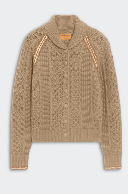 Marlowe Wool Cashmere Cable Cardigan in Taupe