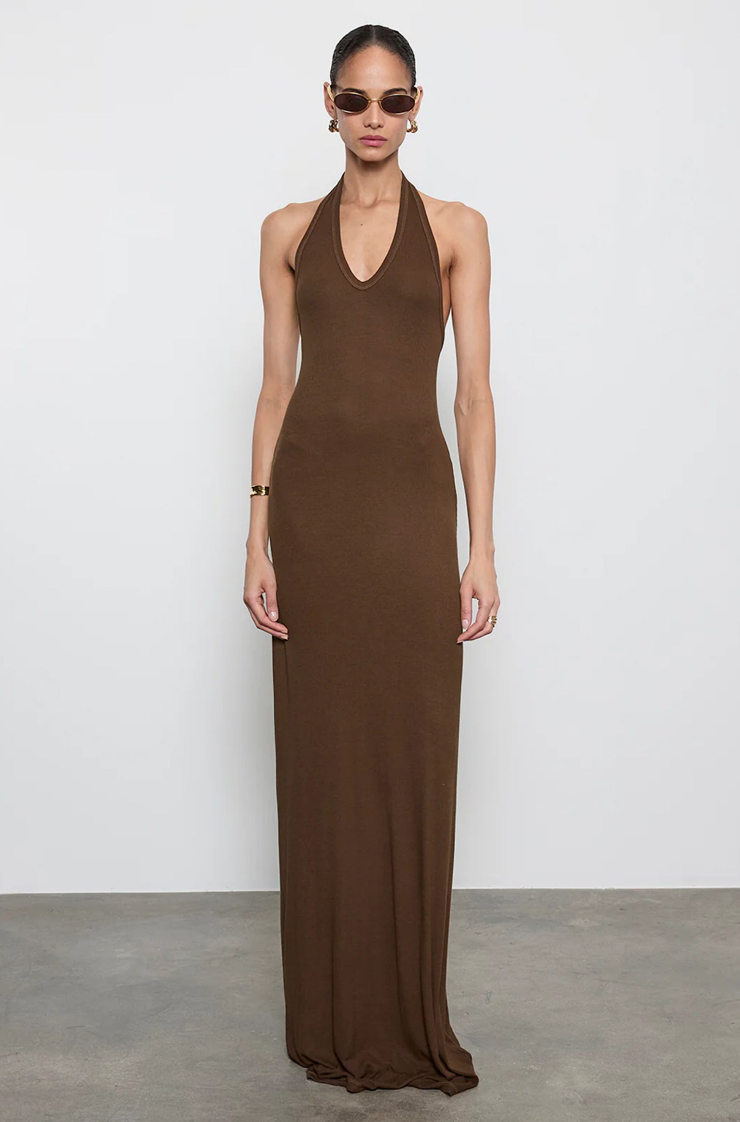 Silk Rib Halter Maxi Dress Choc