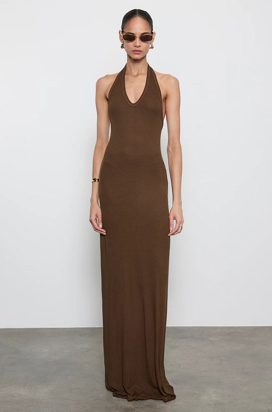 Silk Rib Halter Maxi Dress Choc