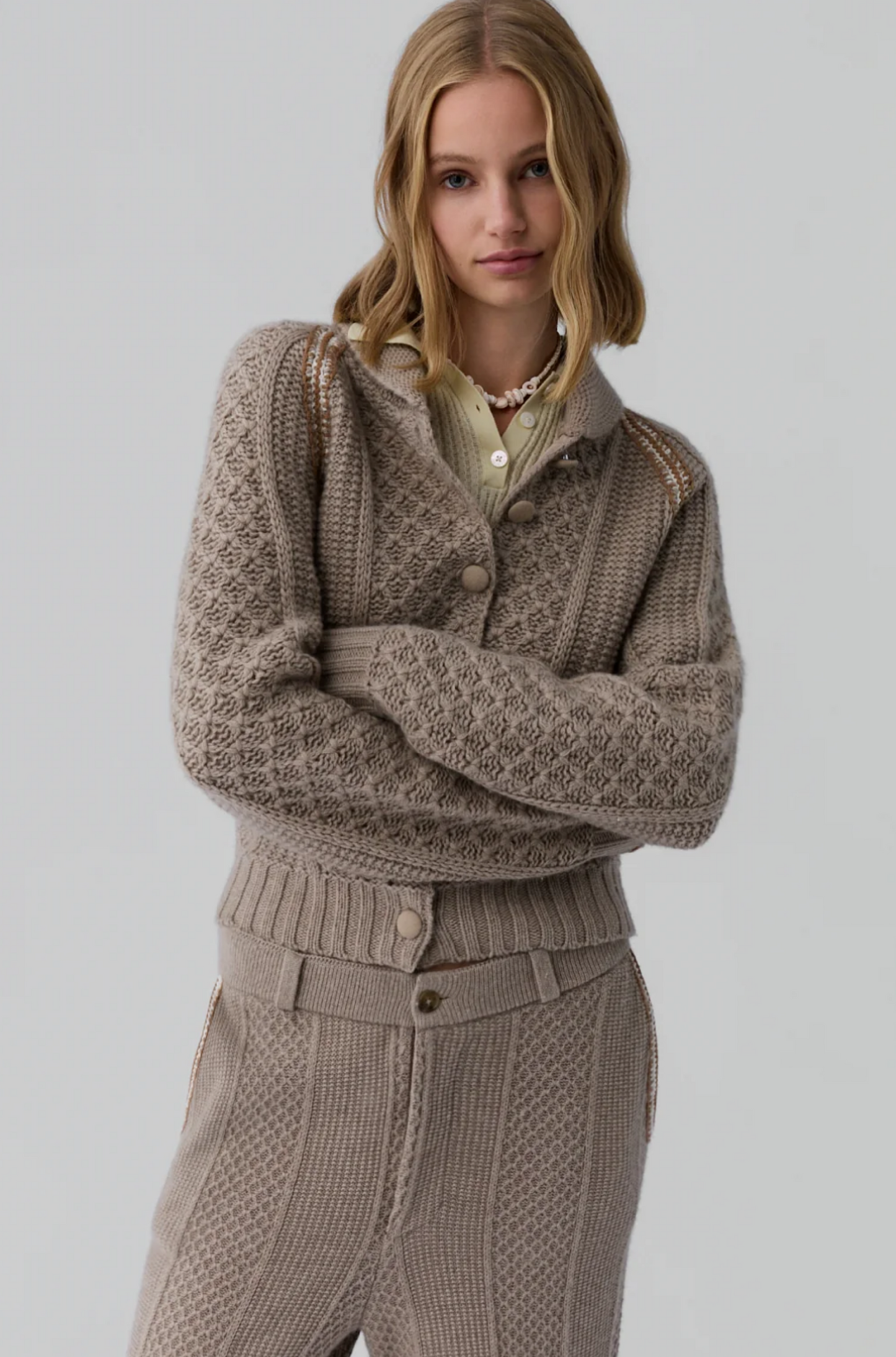 Marlowe Wool Cashmere Cable Cardigan in Taupe