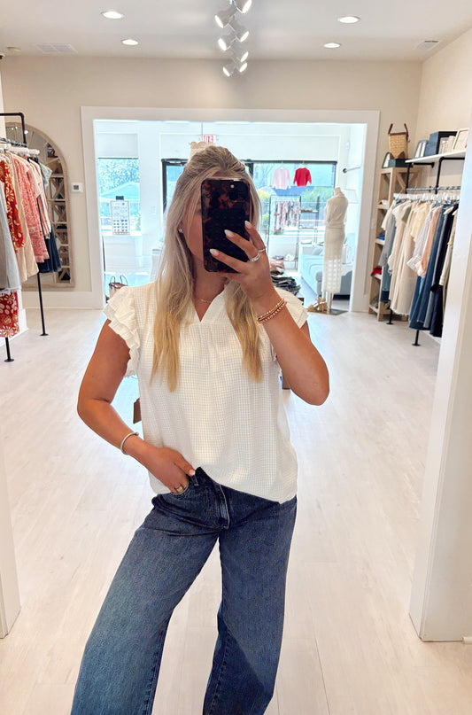 Ruffle Sleeve Blouse V Neck White