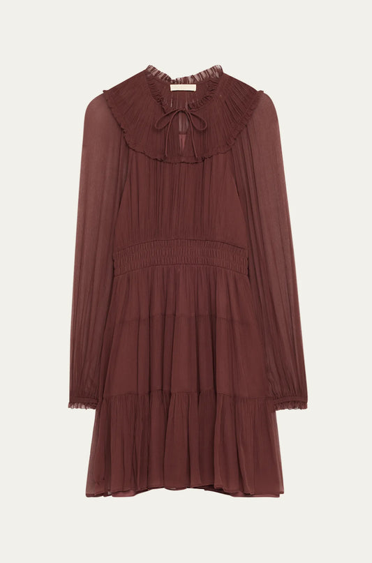 Ava Silk Tiered Long-Sleeve Minidress in Mahogany