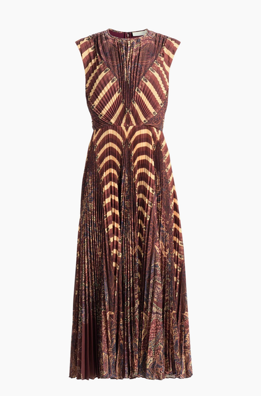Violeta Printed Pleated Sleeveless Midi-Dress