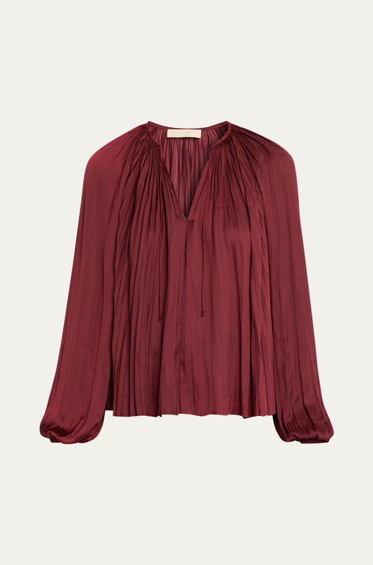 Electra Pleated Satin Peasant Blouse in Claret