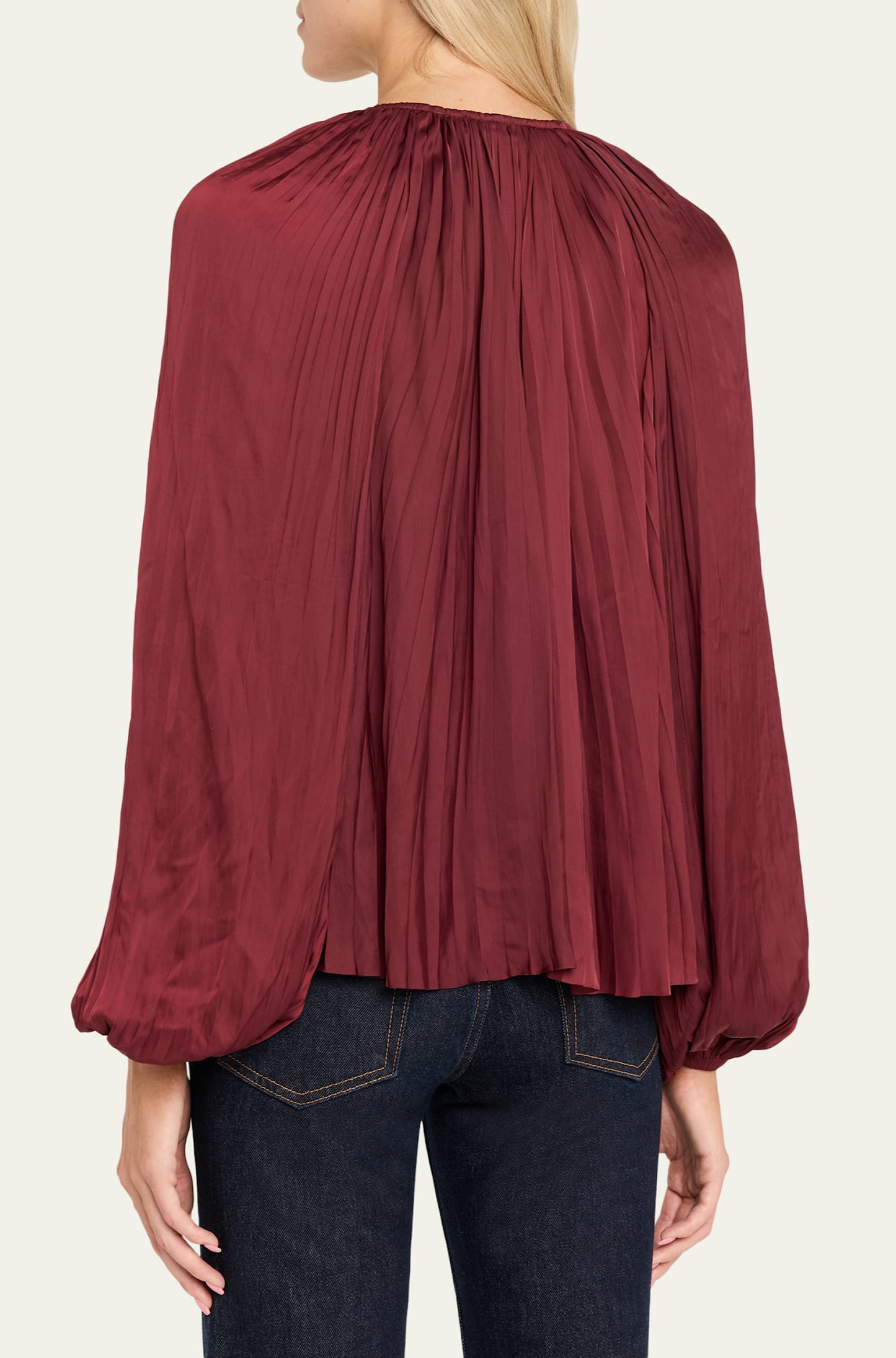 Electra Pleated Satin Peasant Blouse in Claret