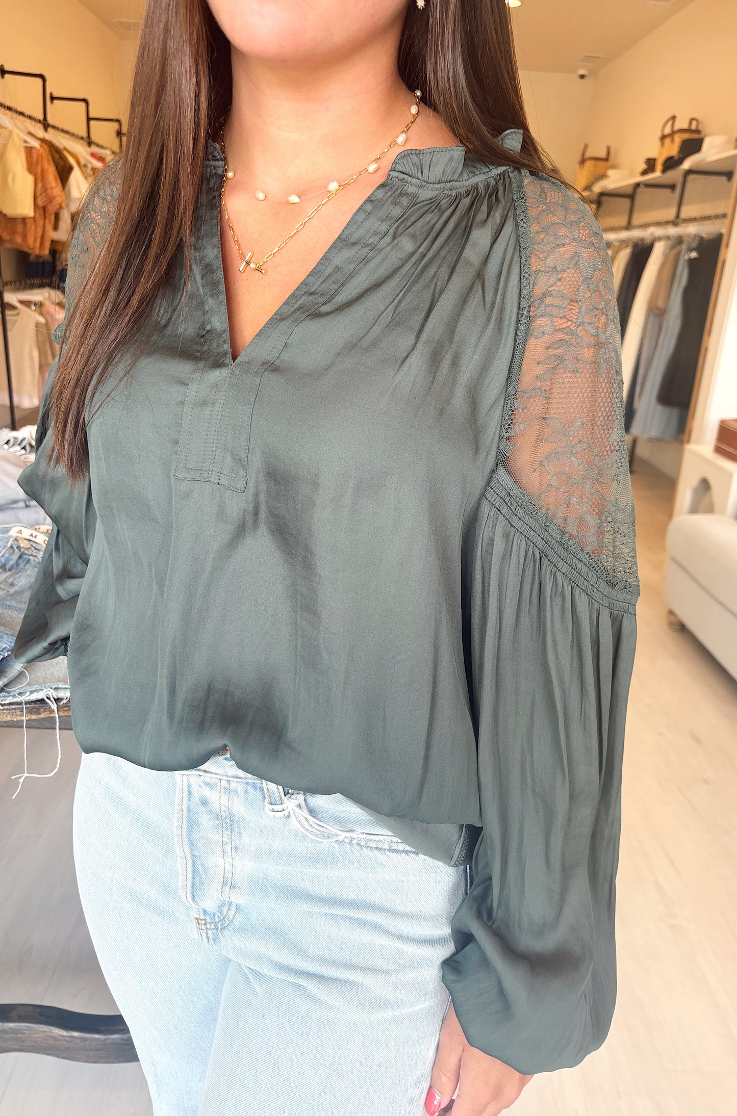 Lace Shoulder Contrast Blouse in Forest Green