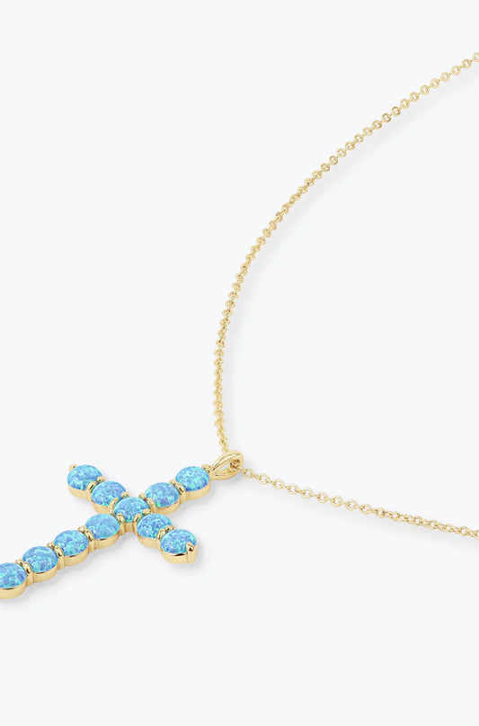 "Oh She Fancy" Cross Pendant Blue Opal 18"
