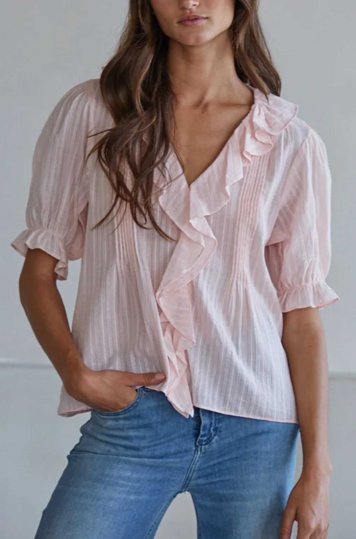 Woven Cotton Button Down Vneck Baby Pink