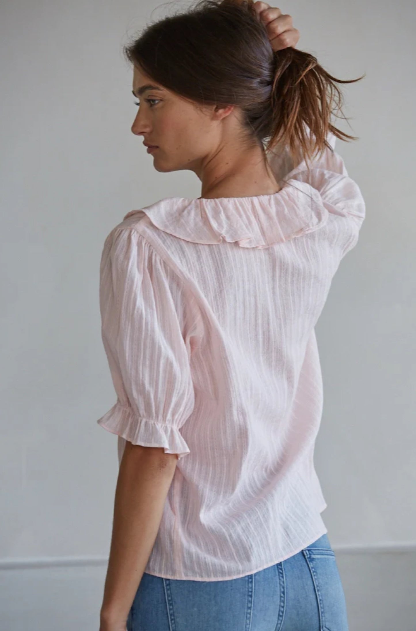 Woven Cotton Button Down Vneck Baby Pink