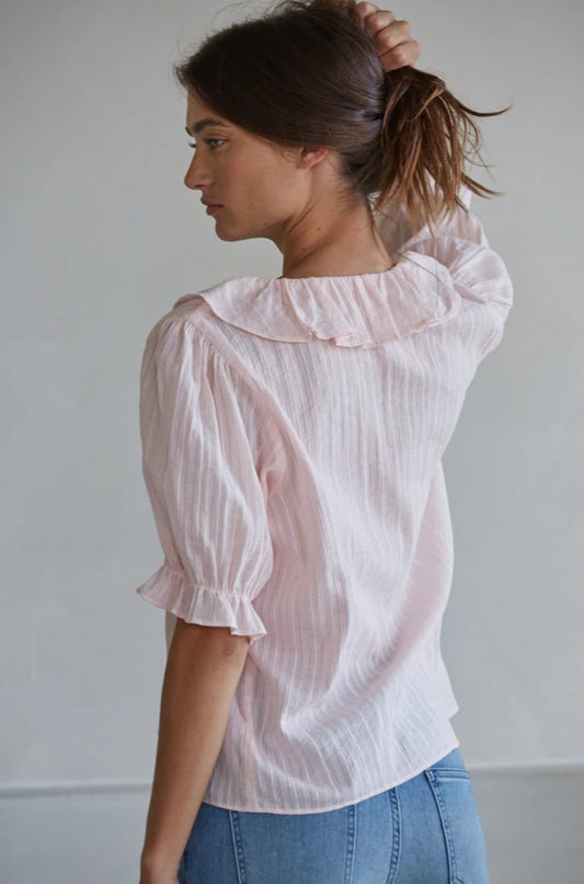 Woven Cotton Button Down Vneck Baby Pink