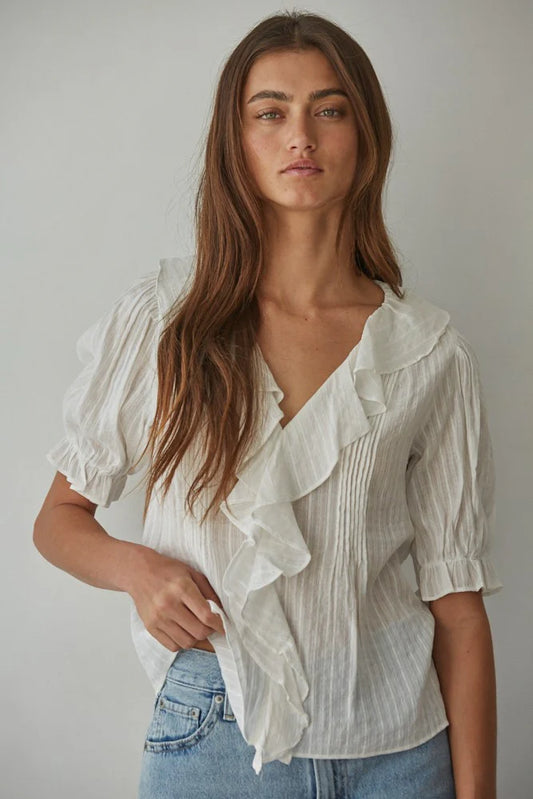 Woven Cotton Buttondown V-Neck Short Sleeve Top in White