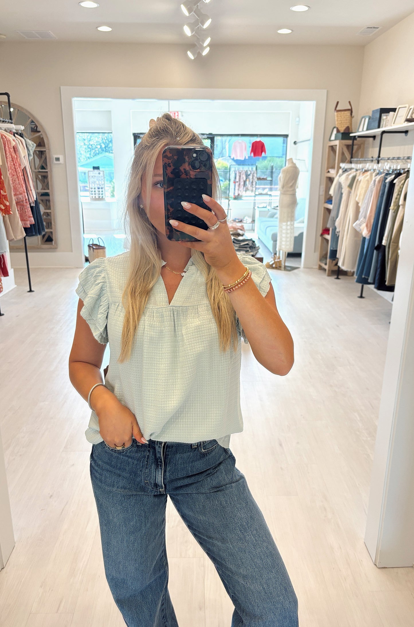 Ruffle Sleeve Blouse V Neck Steele Blue